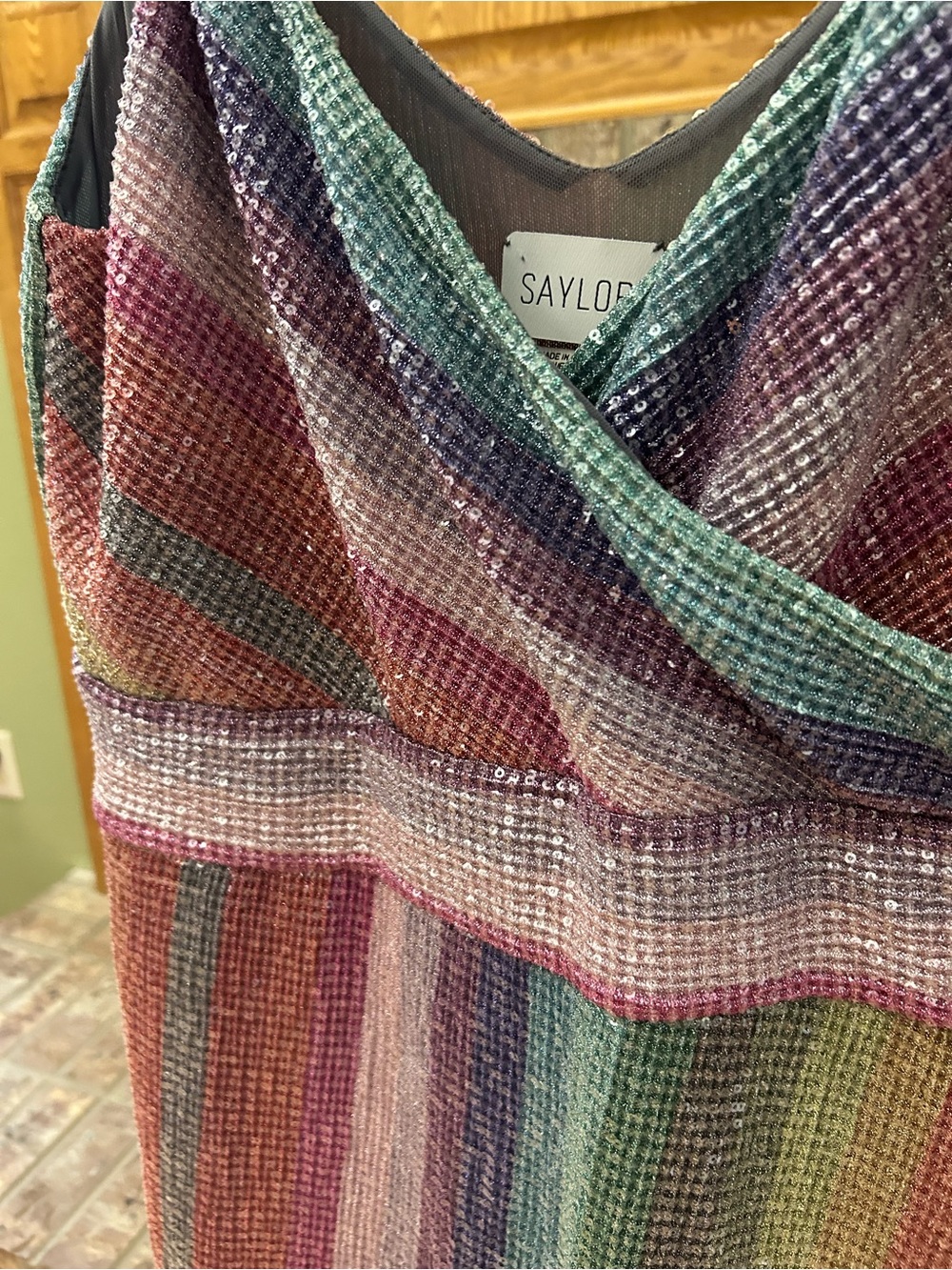 SAYLOR Meghan Rainbow Stripe Metallic Sequin Faux Wrap Midi Dress - Size XL - Picture 3 of 11
